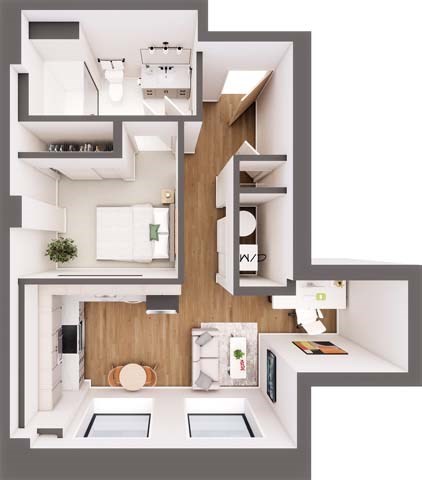 A modern kitchen with a white and wood color scheme.